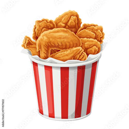 Fried chicken pieces in red and white bucket container  