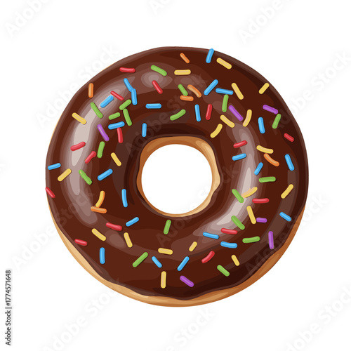 Chocolate donut with colorful sprinkles on white background  