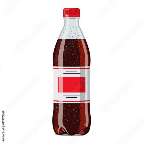 Plastic bottle of cola beverage with red cap and label  