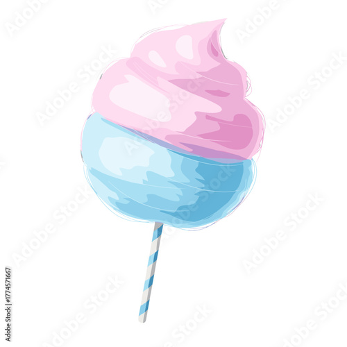 Cotton candy with pink and blue swirls on a striped stick  