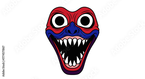 Cartoon Monster Face with Large Eyes and Sharp Teeth.