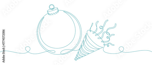 New year bugle with confetti and christmas balls in line art style of illustration vector