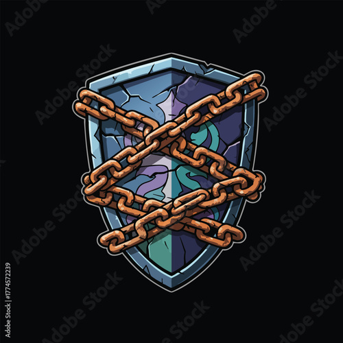 Cracked Shield Bound by Heavy Chains Symbolizing Imprisonment and Broken Defense