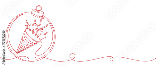 Illustration vector of New year bugle with confetti and christmas balls in line art style
