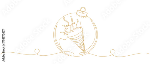 Illustration of New year bugle with confetti and christmas balls in line art style of vector