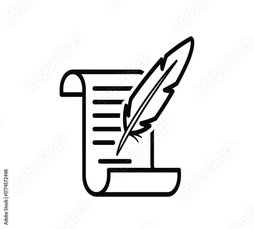 Illustration of a quill pen writing on parchment paper isolated on white background, symbolizing literature, history, and the art of writing