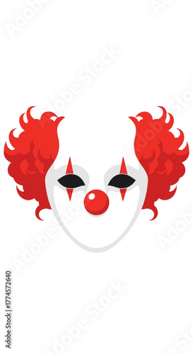 Clown Mask with Red Hair and Nose, Black Eyes.
