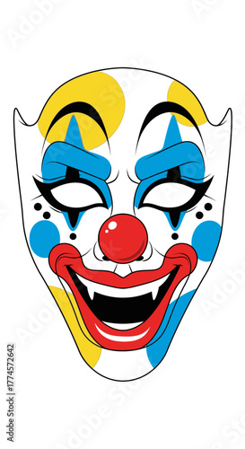 Colorful Clown Mask with Exaggerated Features and White Background.