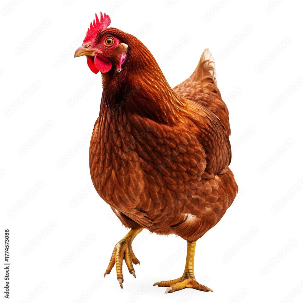 Fototapeta premium A beautiful brown hen standing on a white background