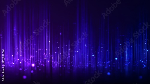 Abstract, vibrant graphic with vertical blue & purple light streaks, with glowing particles on a dark gradient background