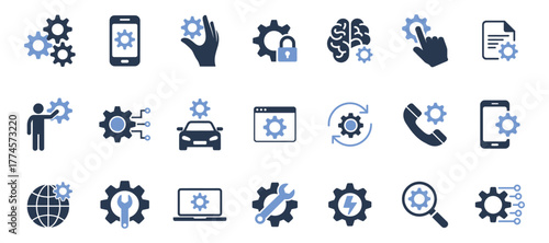 Cogwheel and gear icons representing settings, engineering, and technology