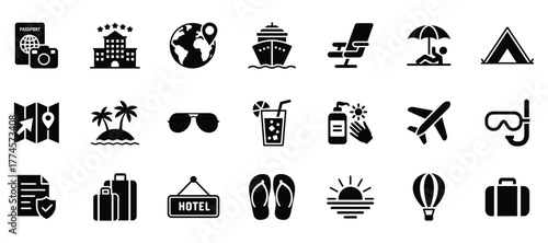 Collection of travel and vacation icons for holiday planning and trips