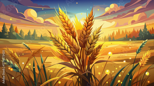 Very beautiful rustic stock photo featuring a golden wheat bundle with soft bokeh background, capturing the warmth and charm of harvest season in an agricultural setting.