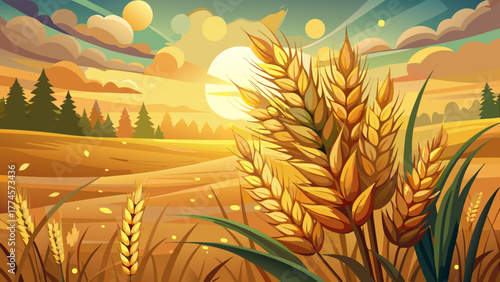 Very beautiful rustic stock photo featuring a golden wheat bundle with soft bokeh background, capturing the warmth and charm of harvest season in an agricultural setting.