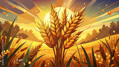 Very beautiful rustic stock photo featuring a golden wheat bundle with soft bokeh background, capturing the warmth and charm of harvest season in an agricultural setting.
