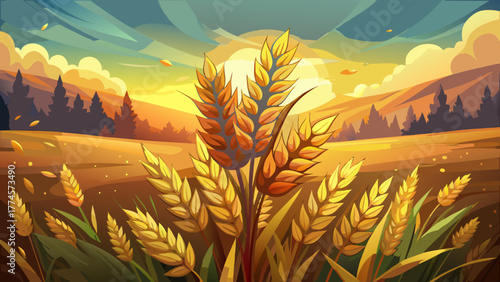 Very beautiful rustic stock photo featuring a golden wheat bundle with soft bokeh background, capturing the warmth and charm of harvest season in an agricultural setting.