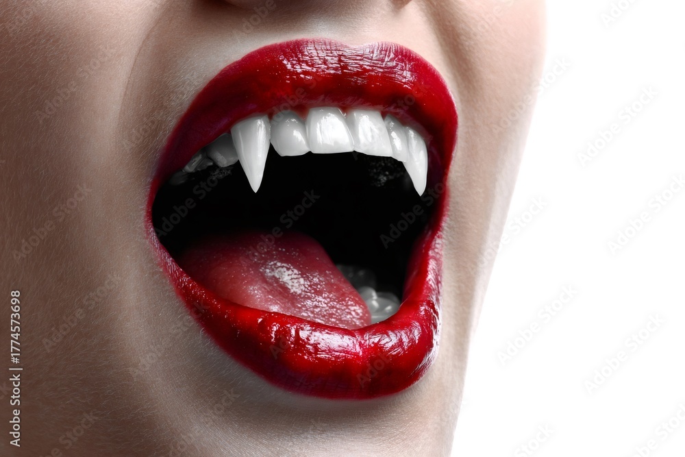 Obraz premium Woman showing vampire fangs with red lipstick