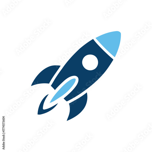 Simple blue rocket icon launching upwards against white background