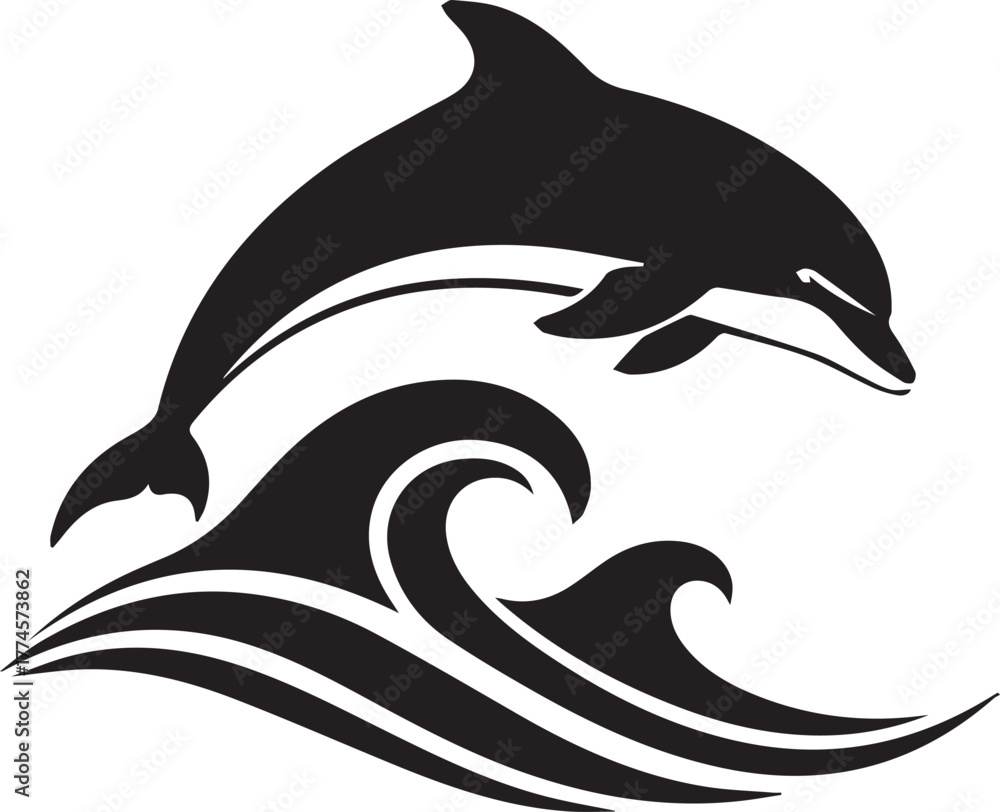 Fototapeta premium Majestic dolphin leaping over stylized ocean waves dynamic marine life symbol