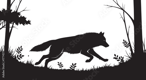 Silhouette of a running wolf in a forest setting with trees and foliage at dawn