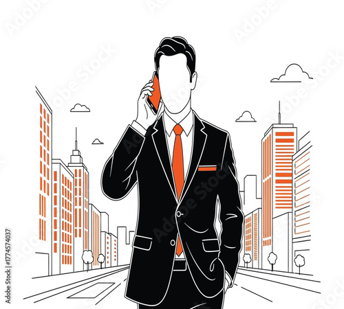 A businessman in a suit is talking on his phone in the city isolated on white background