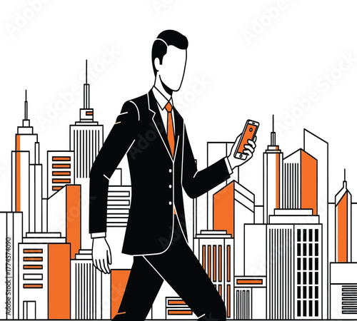 A businessman in a suit is walking in the city while looking at his phone isolated on white background