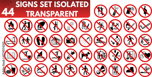 Red Prohibition Sign Icon Set Showing Restricted Activities on Transparent Background