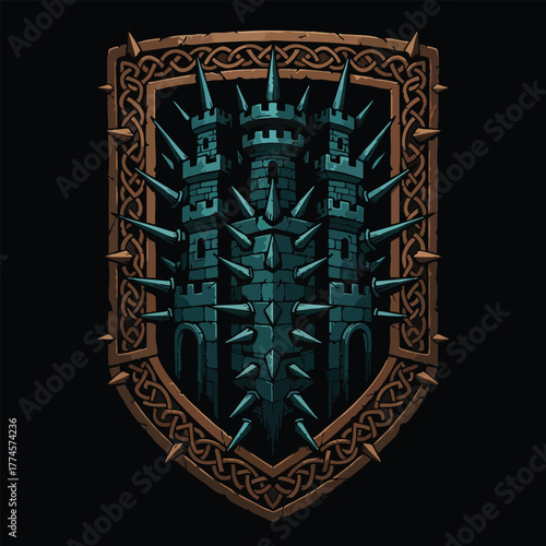 Ornate Medieval Castle Emblem with Spikes and Celtic Knot Border on Black Background
