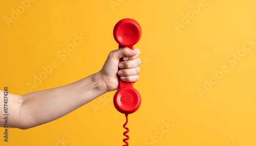 Person grasping a red telephone receiver against a vibrant yellow background