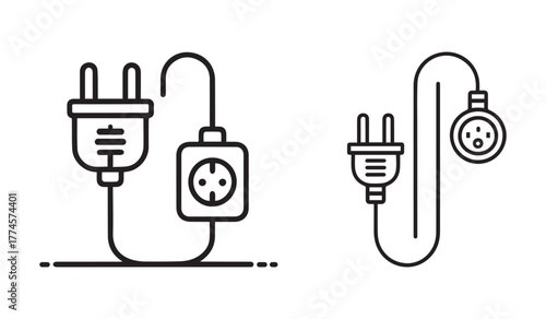 Power plug and socket vector icon set, electrical extension cord and outlet line art symbols.