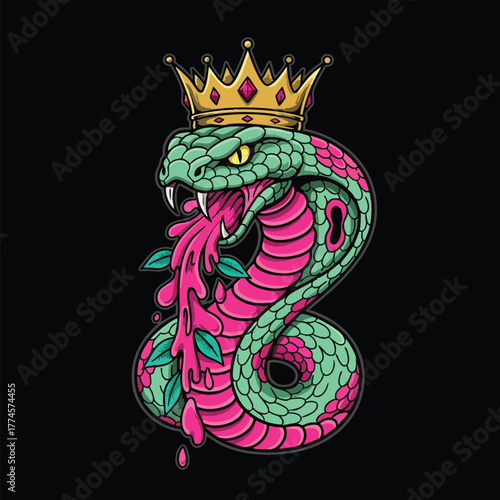 A regal cobra with a crown and a vibrant pink tongue dripping with liquid and leaves