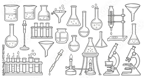 Detailed Scientific Laboratory Equipment Collection Beakers, Flasks, Test Tubes and More