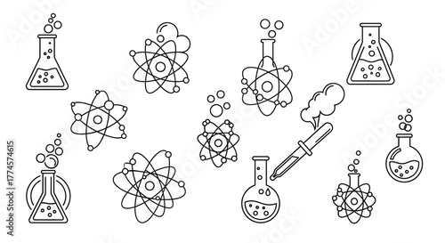 A creative set of science and chemistry icons in a thin line style, depicting atomic structures, laboratory flasks, and experimental processes for design projects