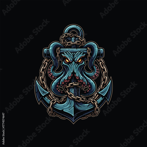 Terrifying Octopus and Anchor Illustration Nautical Tattoo Style Art