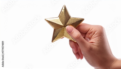 hand holding a gold review star isolated on white background