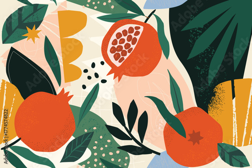 Collage contemporary floral seamless pattern. Modern exotic jungle fruits pomegranate various doodle shapes, spots, drops, curves, and plants illustration in vector.