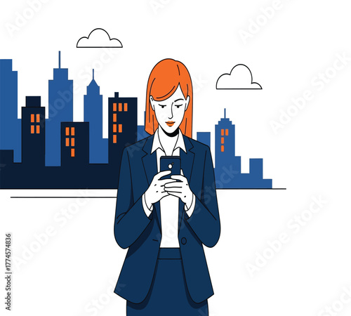 Businesswoman using smartphone in city, isolated on white background she is wearing a suit and the buildings are in the background, with clouds in the sky