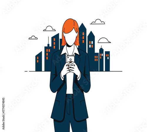 Businesswoman using smartphone in city, isolated on white background she is wearing a suit and the buildings are in the background, with clouds in the sky