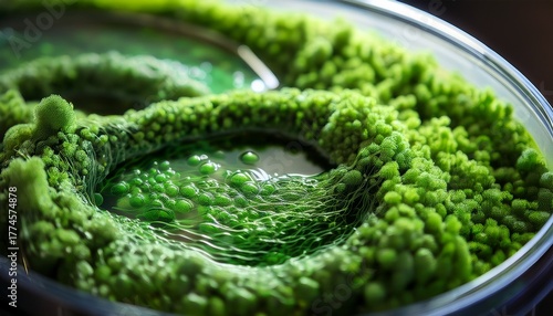 a macro view of renewable feedstock being processed with organic materials like algae and plant fibers being transformed into a viscous liquid ready for enzymatic reaction