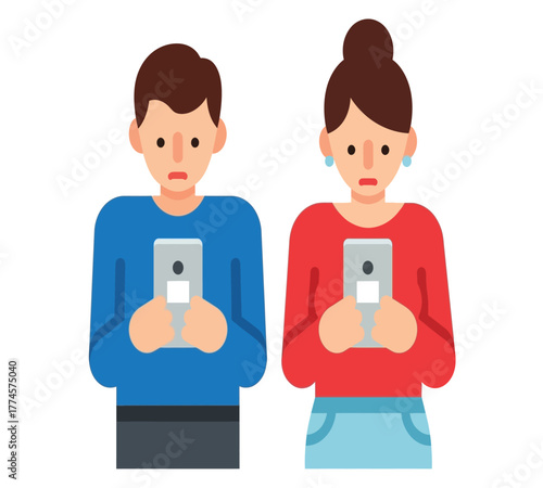 Illustration of a couple holding smartphones, looking at the screens with serious expressions isolated on white background the woman is wearing a red shirt