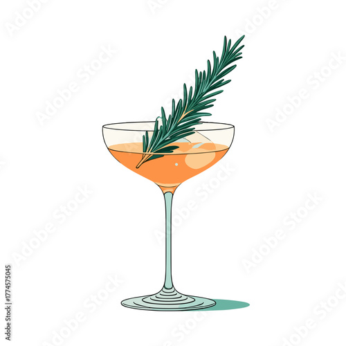Orange cocktail in coupe glass with rosemary sprig, festive drink vector illustration