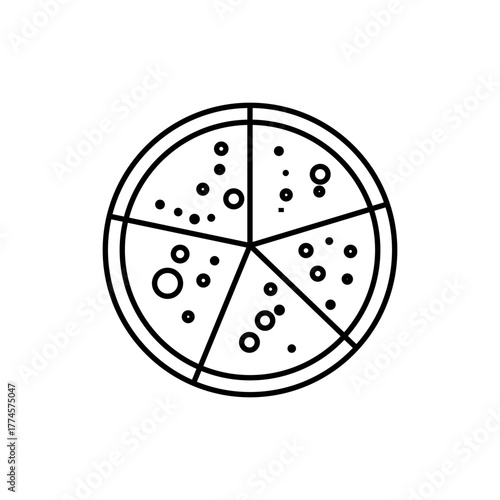 Isolated black and white pizza icon. Top view, doodle style. Suitable for mobile apps, websites, and advertising. Fast food, healthy eating, baked goods.