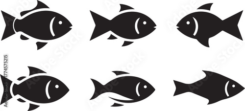 Six stylized black silhouette fish icons arranged in two rows on a white background