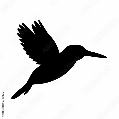 Detailed silhouette of a hummingbird in flight against a white background