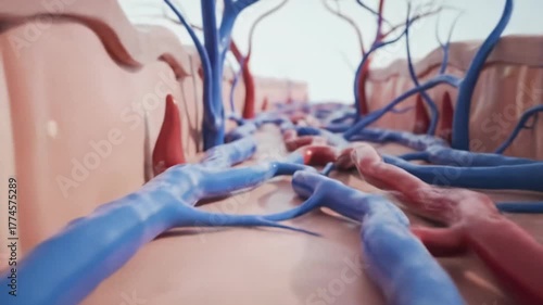 pristine, high-fidelity 3d animated cross-section of healthy human skin with epidermis, dermis, and fat layer. slow dolly zoom reveals hair follicles, glands, nerve endings, arteries, veins with