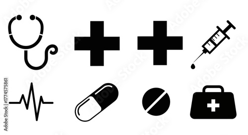 Collection of medical icons representing healthcare and emergency services, including a stethoscope, syringe, and first aid kit