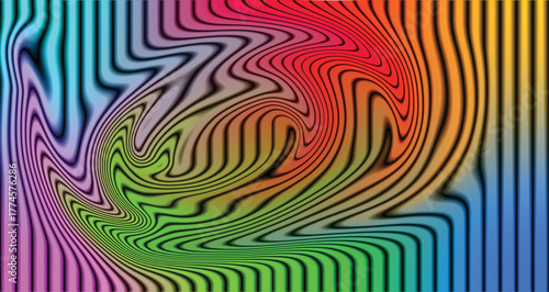 Colorful psychedelic geometric seamless pattern vector illustration design with wave and swirl lines in yellow, orange, blue, and green