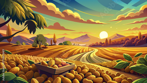 Very beautiful view of an abundant peanut harvest, featuring golden peanuts spread across a vast field under the warm glow of a sunset, showcasing rural farmland and agricultural richness.