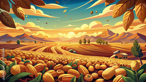 Very beautiful view of an abundant peanut harvest, featuring golden peanuts spread across a vast field under the warm glow of a sunset, showcasing rural farmland and agricultural richness.
