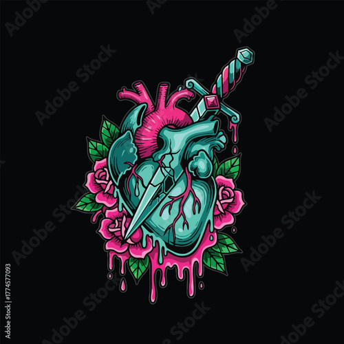 Illustrative Tattoo Style Design of a Bleeding Anatomical Heart Pierced by a Dagger Surrounded by Roses